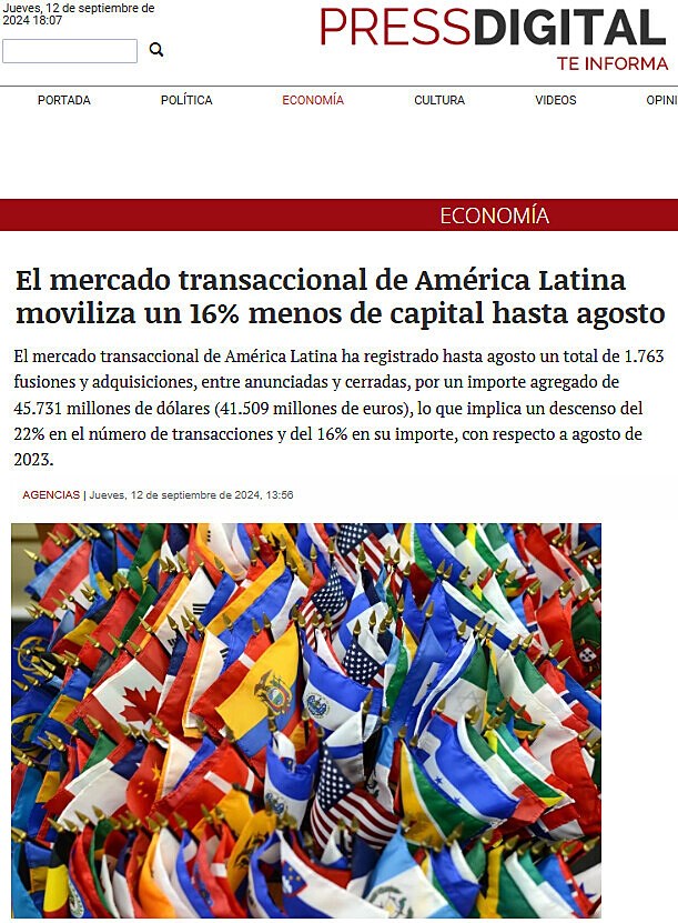 El mercado transaccional de Amrica Latina moviliza un 16% menos de capital hasta agosto